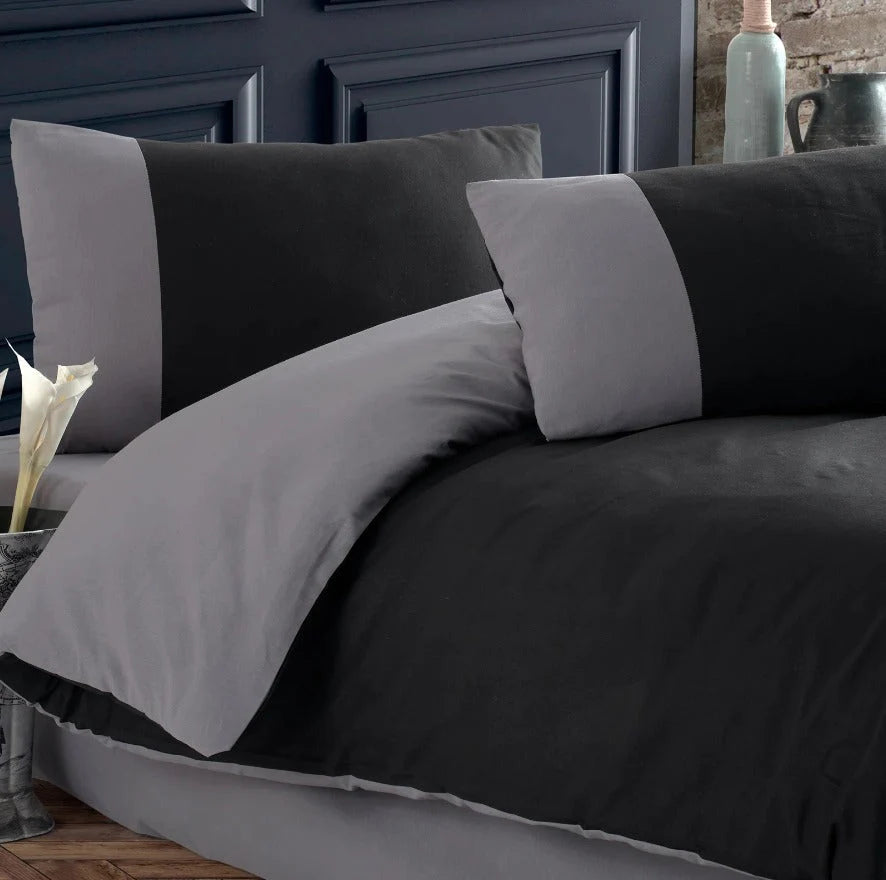 Plain Dyed Reversible Cotton Duvet Cover Set - Grey & Black - 99 Bedding Store