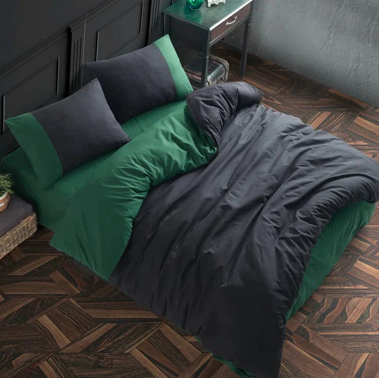 Plain Dyed Reversible Cotton Duvet Cover Set - Green & Black - 99 Bedding Store