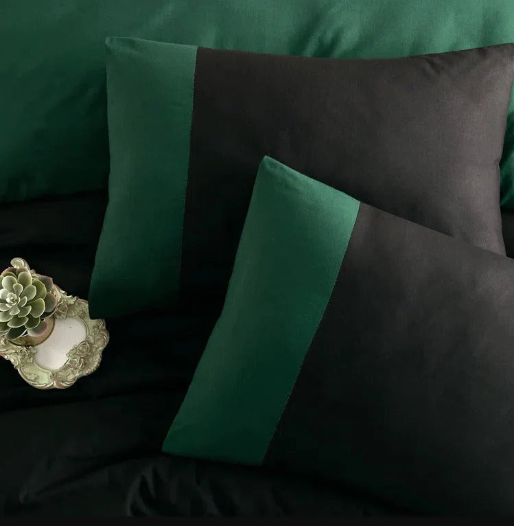 Plain Dyed Reversible Cotton Duvet Cover Set - Green & Black - 99 Bedding Store