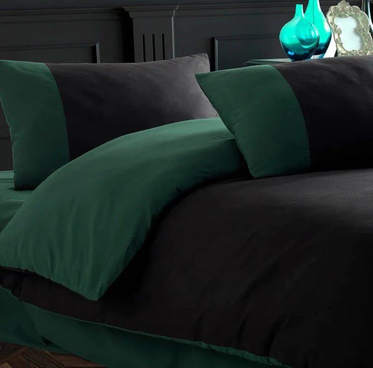 Plain Dyed Reversible Cotton Duvet Cover Set - Green & Black - 99 Bedding Store