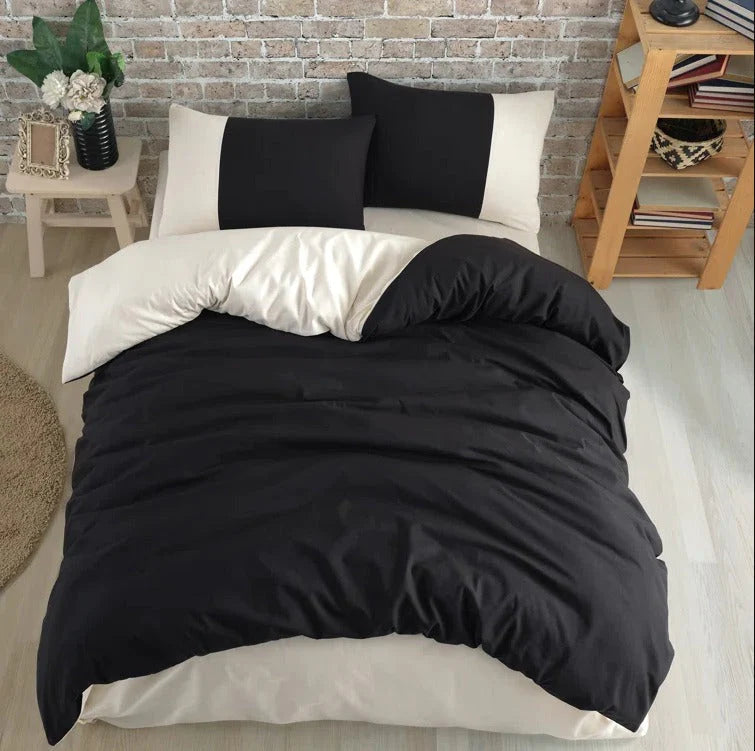 Plain Dyed Reversible Cotton Duvet Cover Set - Off White & Black - 99 Bedding Store