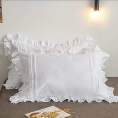 Ruffle Imperial White Pleated Cotton Satin Double Bed Duvet Cover Set - 99 Bedding Store