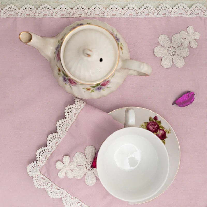 9 PCS TROLLEY MAT AND NAPKIN SET WITH LACE - PINK