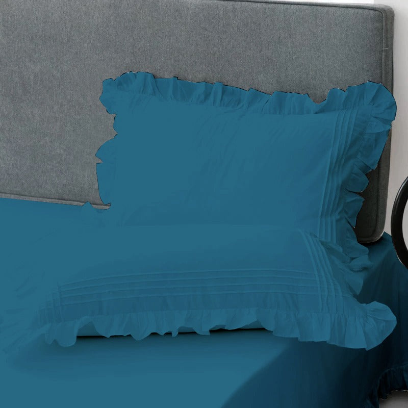 Cotton Fitted Sheet With Frilled Pillow Cover-Teal BLue - 99 Bedding Store