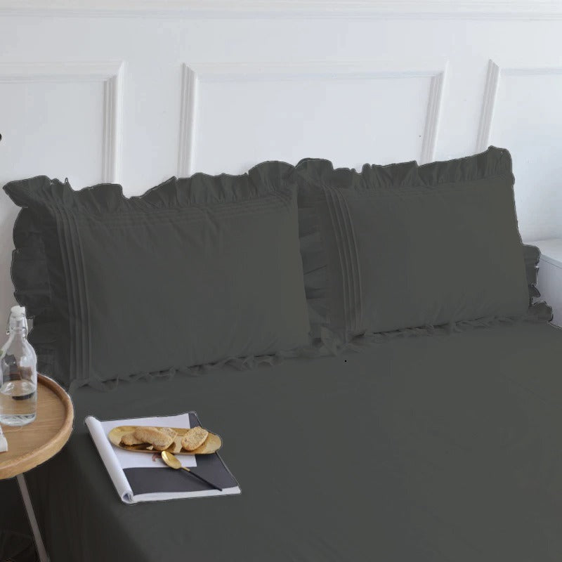 Cotton Fitted Sheet With Frilled Pillow Covers-Charcoal Grey - 99 Bedding Store