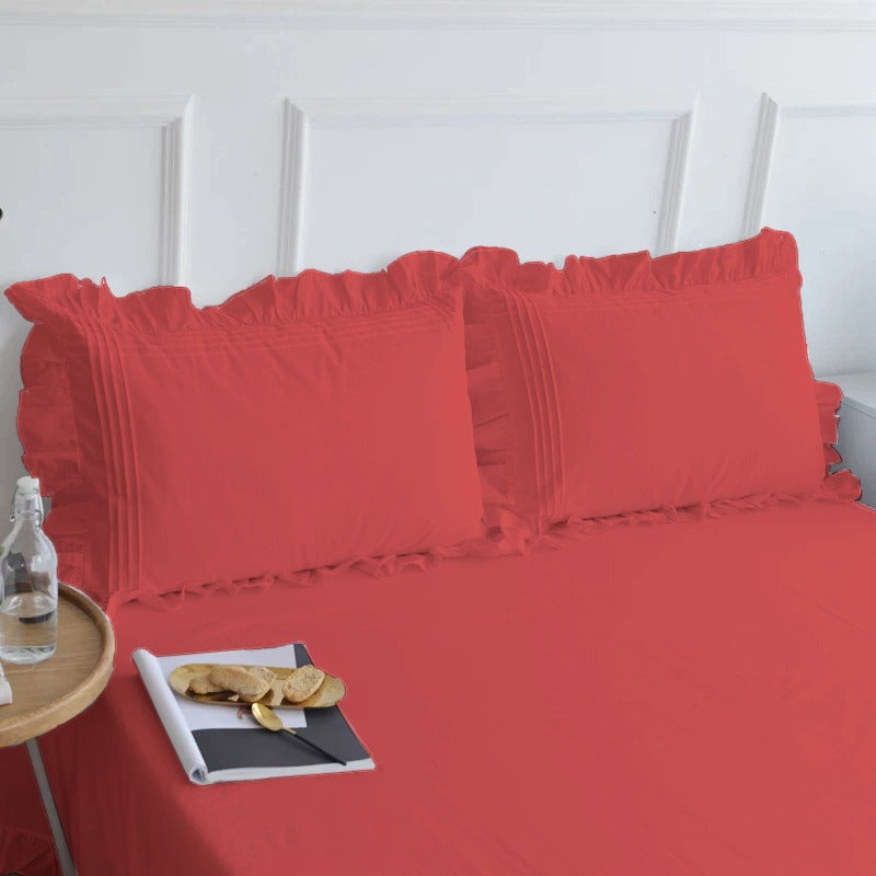 Cotton Fitted Sheet With Frilled Pillow Cover-Scarlet Red - 99 Bedding Store