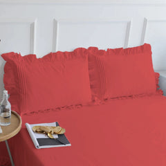 Cotton Fitted Sheet With Frilled Pillow Cover-Scarlet Red - 99 Bedding Store