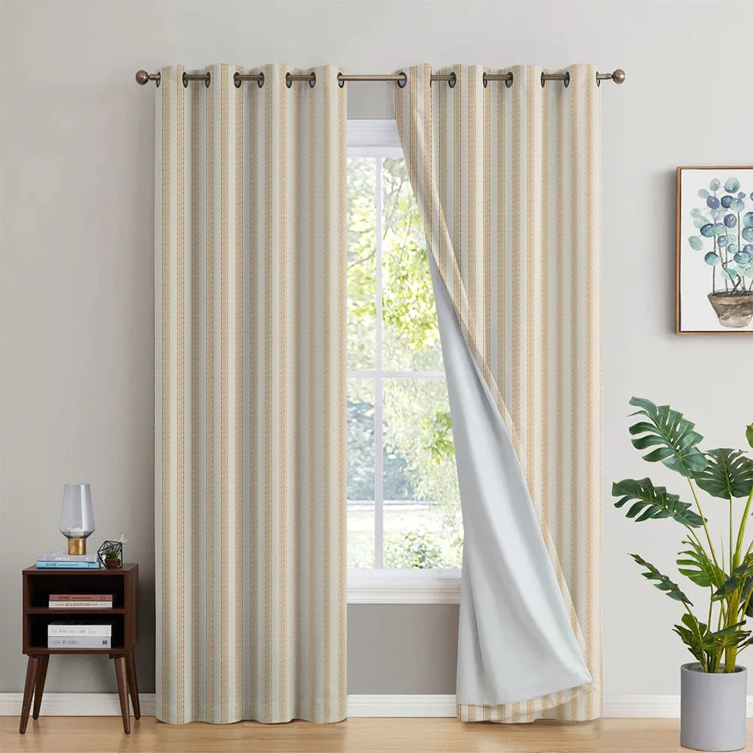 2PCS BEIGE STRIP PRINTED BLACKOUT CURTAIN - 99 Bedding Store