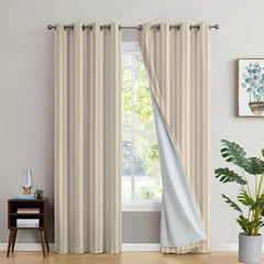 2PCS BEIGE STRIP PRINTED BLACKOUT CURTAIN - 99 Bedding Store