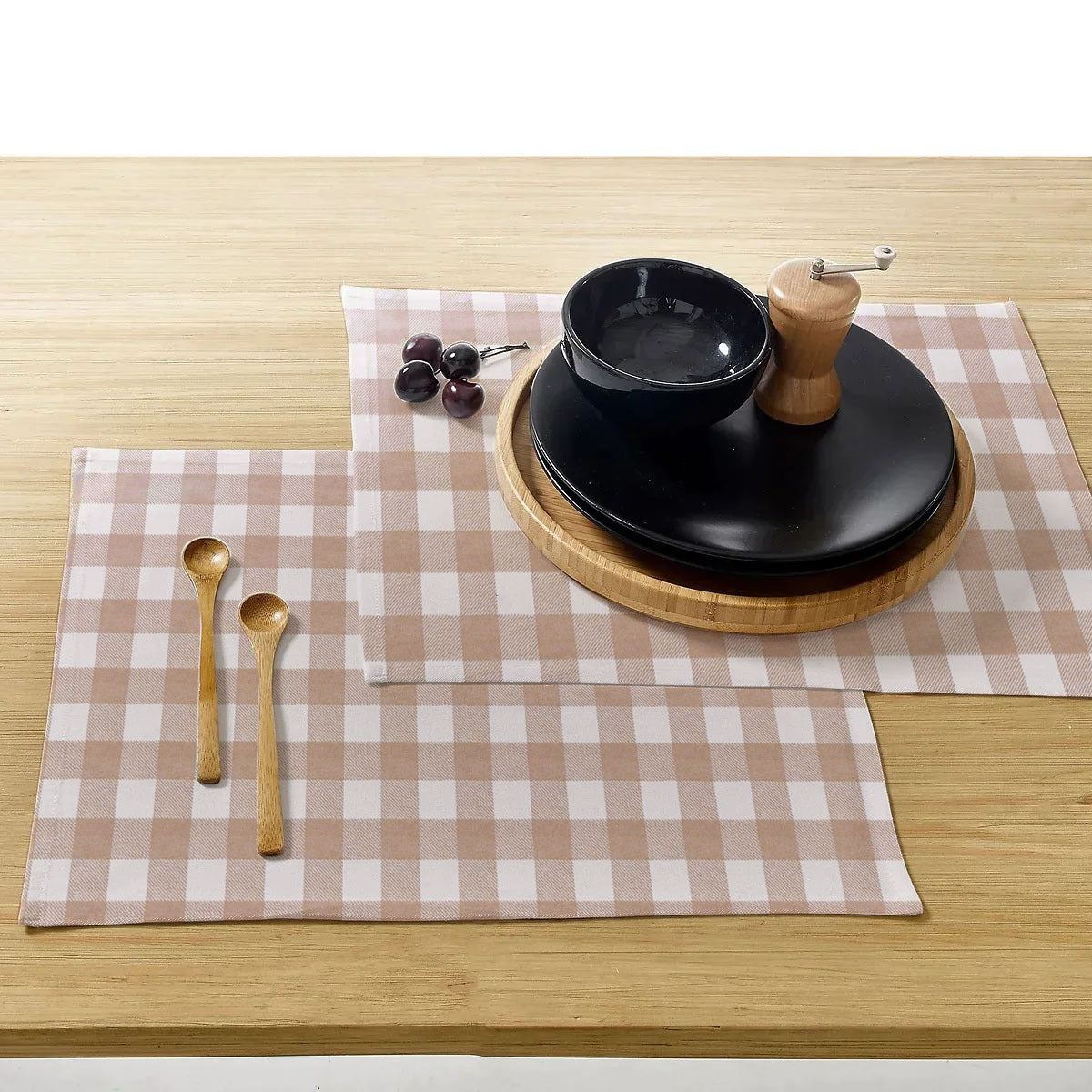 Waterproof Cotton Table Mat Set - Beige Checked - 99 Bedding Store