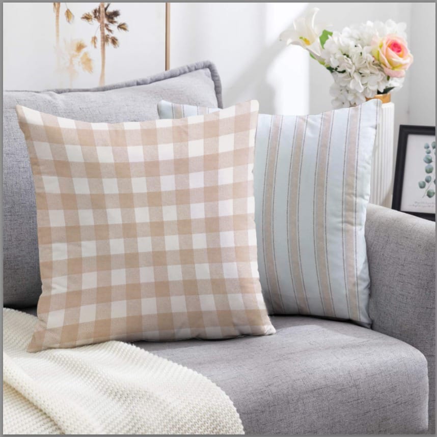 Pack of2 Beige Checked Cushion Cover - 99 Bedding Store