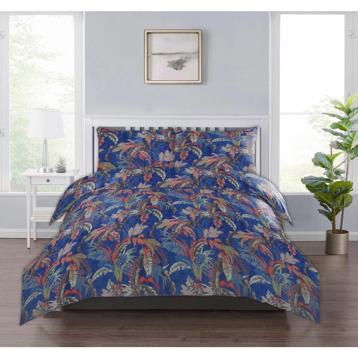 Tc 400 Printed Satin Double Bed sheet Tropical Grove Blue - 99 Bedding Store