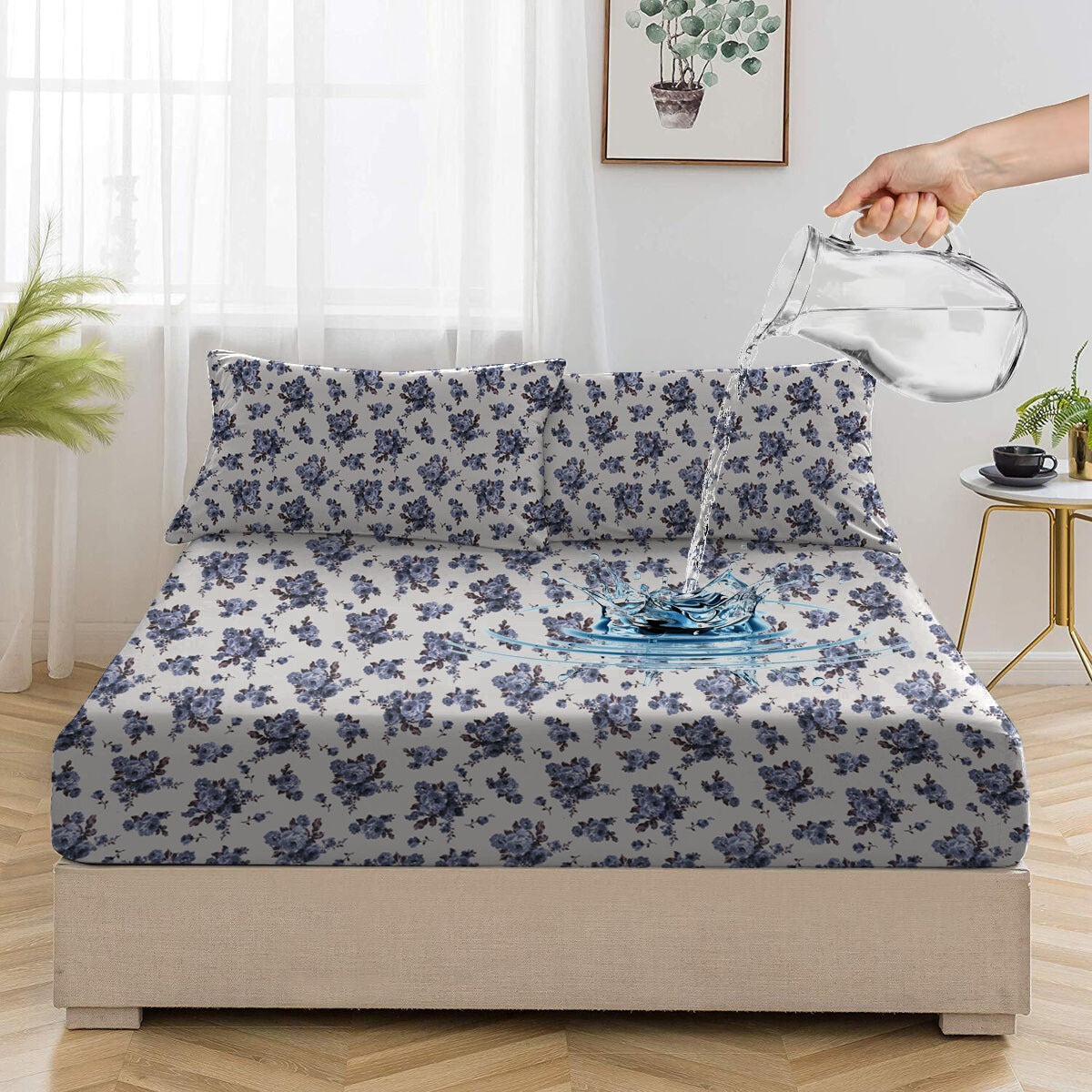 Waterproof KIds Printed Cotton Fitted Sheet Set Rose Gaden Blue - 99 Bedding Store