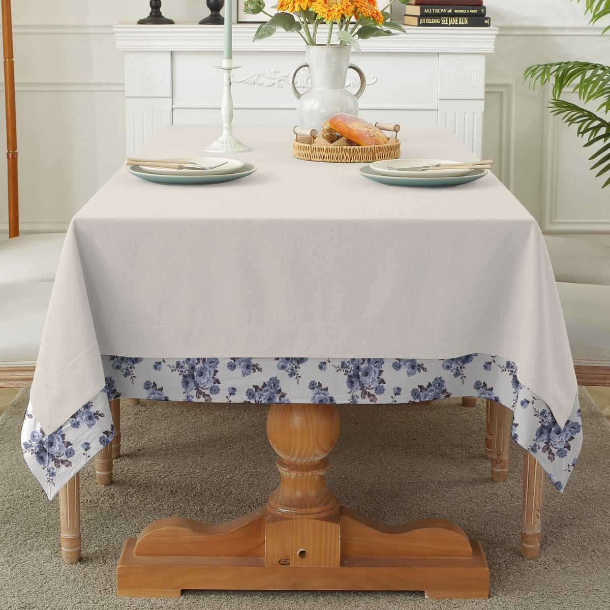 Decorative Printed Border Tablecloth - Rose Garden Blue - 99 Bedding Store