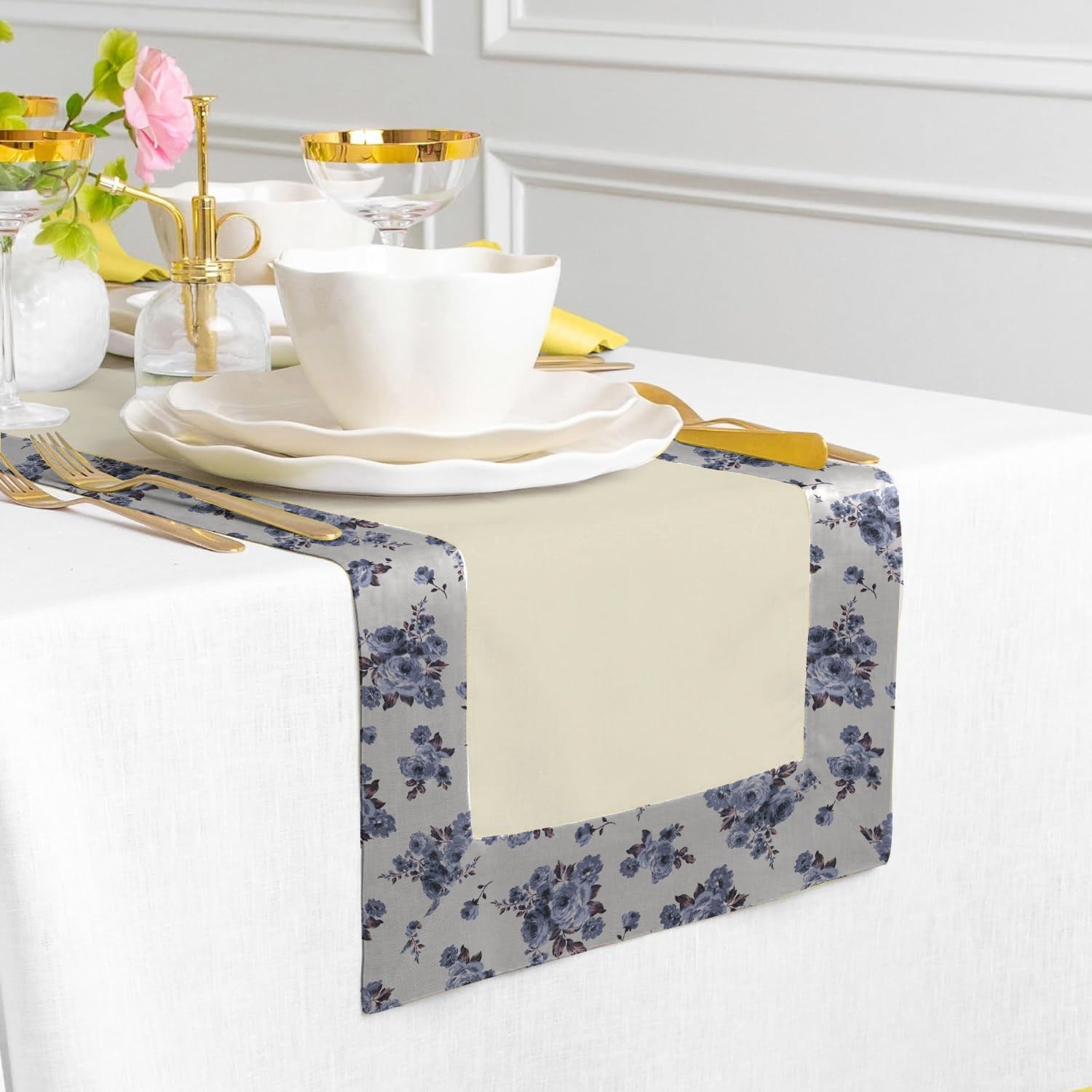 Print Bordered Cotton Dinning Set - Rose Garden Blue - 99 Bedding Store