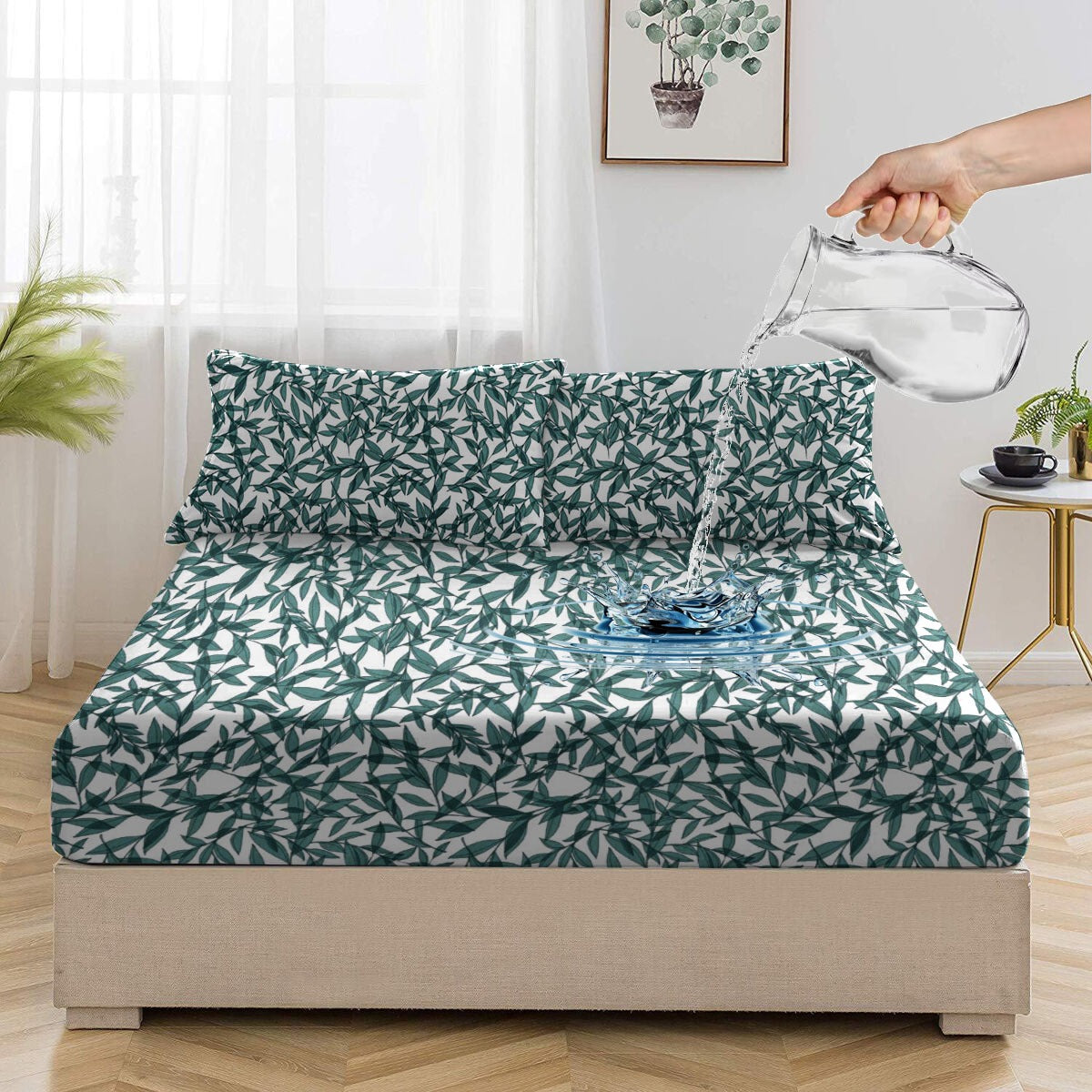 Waterproof KIds Printed Cotton Fitted Sheet Set Green Leaf - 99 Bedding Store