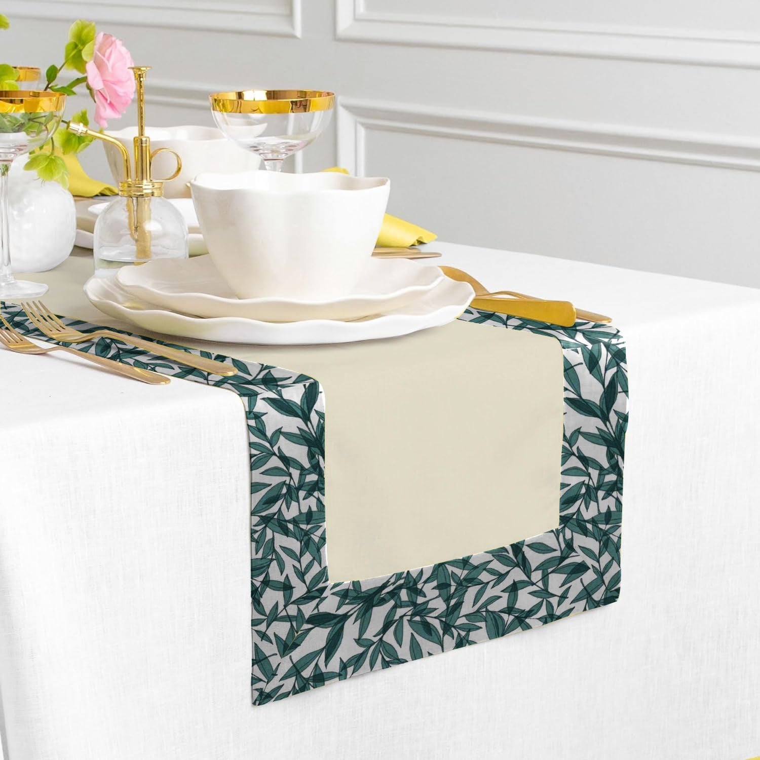 Print Bordered Cotton Dinning Set - Green Leaf - 99 Bedding Store