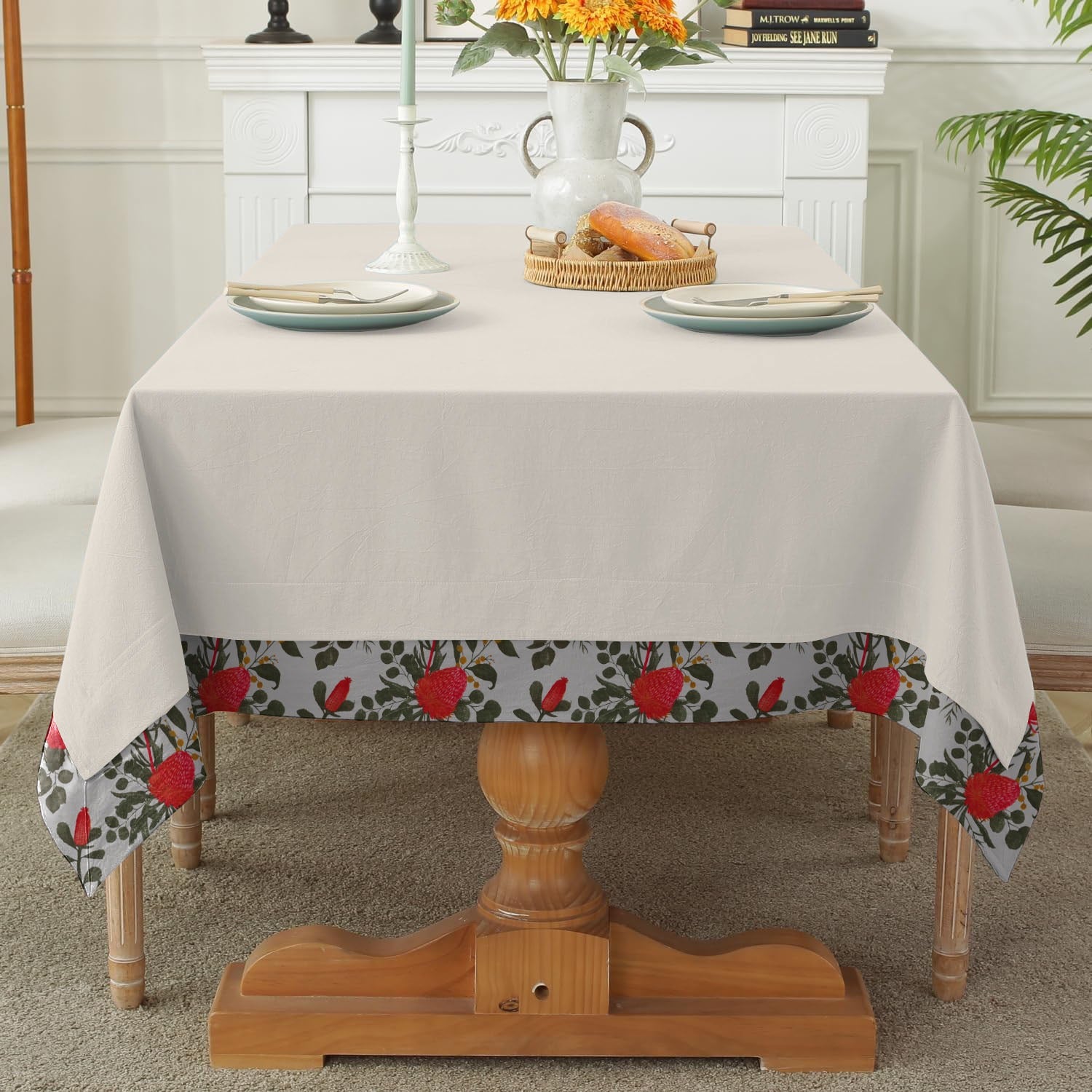 Print Bordered Cotton Dinning Set - Red Rose