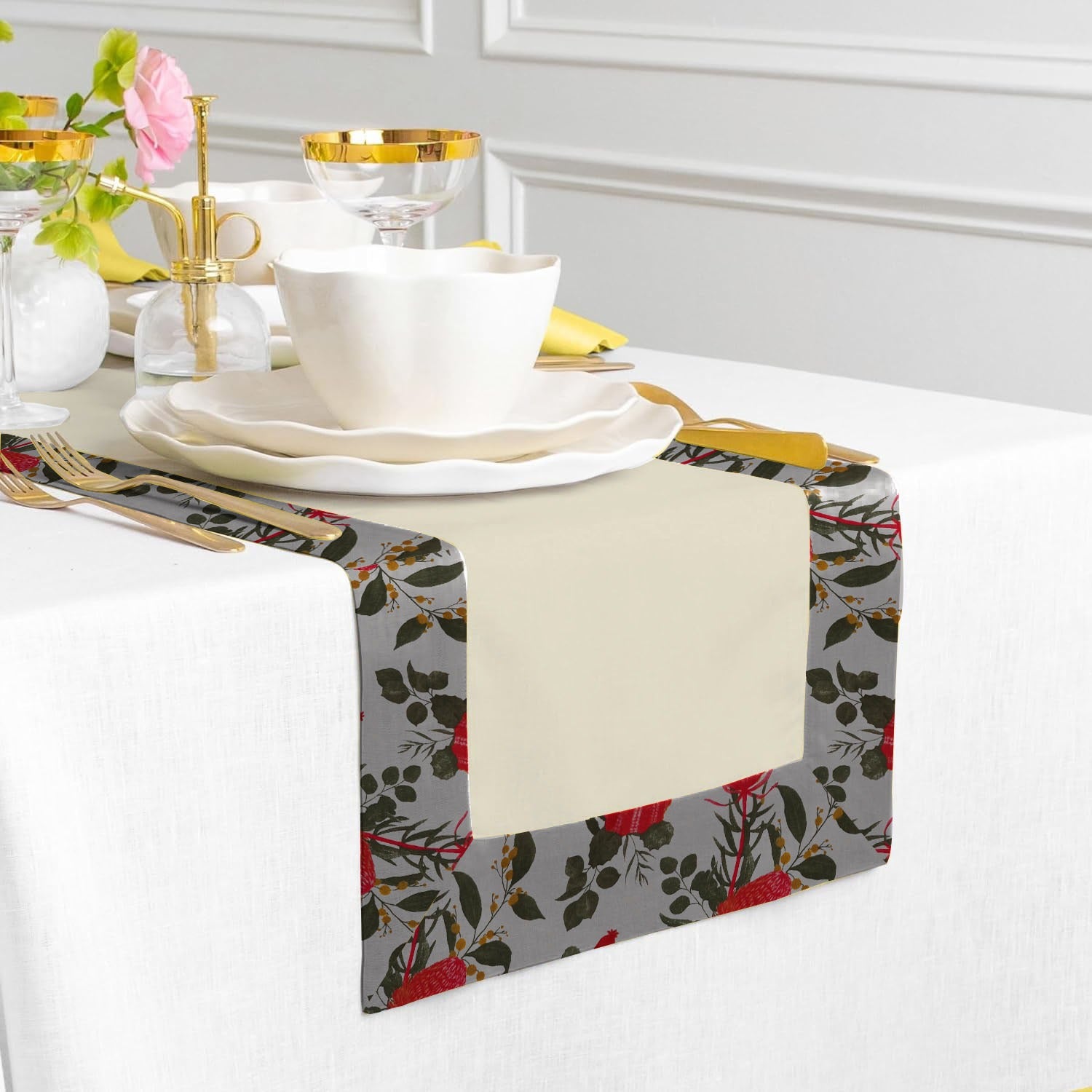 Print Bordered Cotton Dinning Set - Red Rose