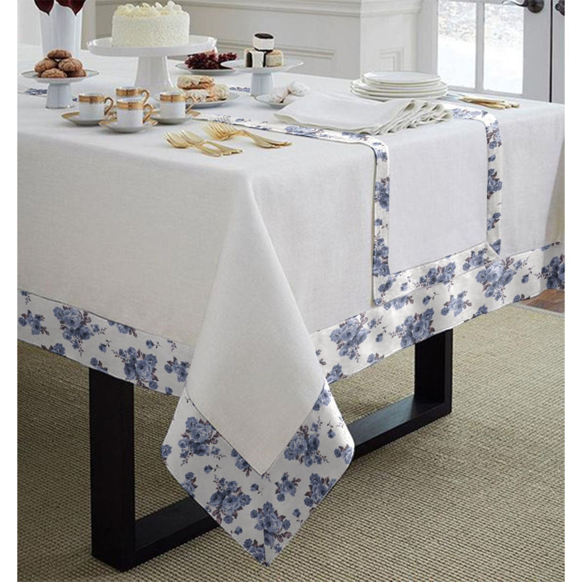 Print Bordered Cotton Dinning Set - Rose Garden Blue