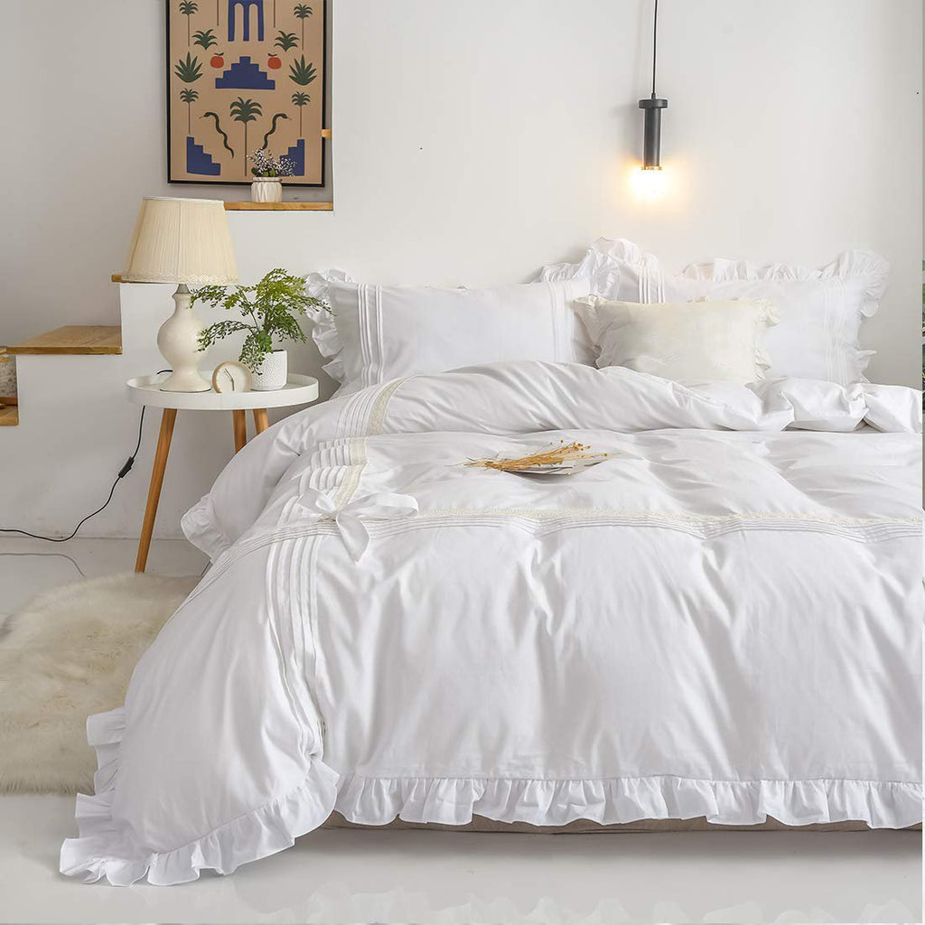 Ruffle Imperial White Pleated Cotton Satin Double Bed Duvet Cover Set - 99 Bedding Store