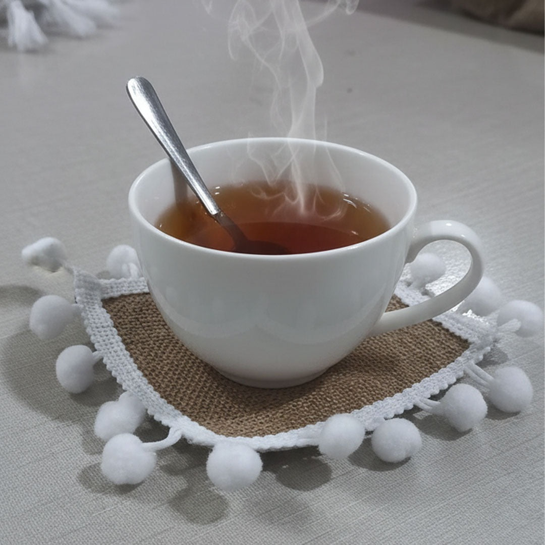 Jute Coasters Set Brown With Cute PomPom