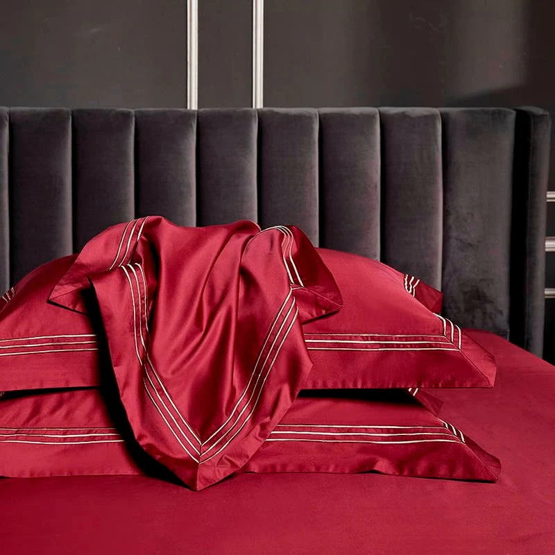 Embroidered Cotton Satin Luxury Baratta Stitch Tetra Line Duvet Set-Red - 99 Bedding Store