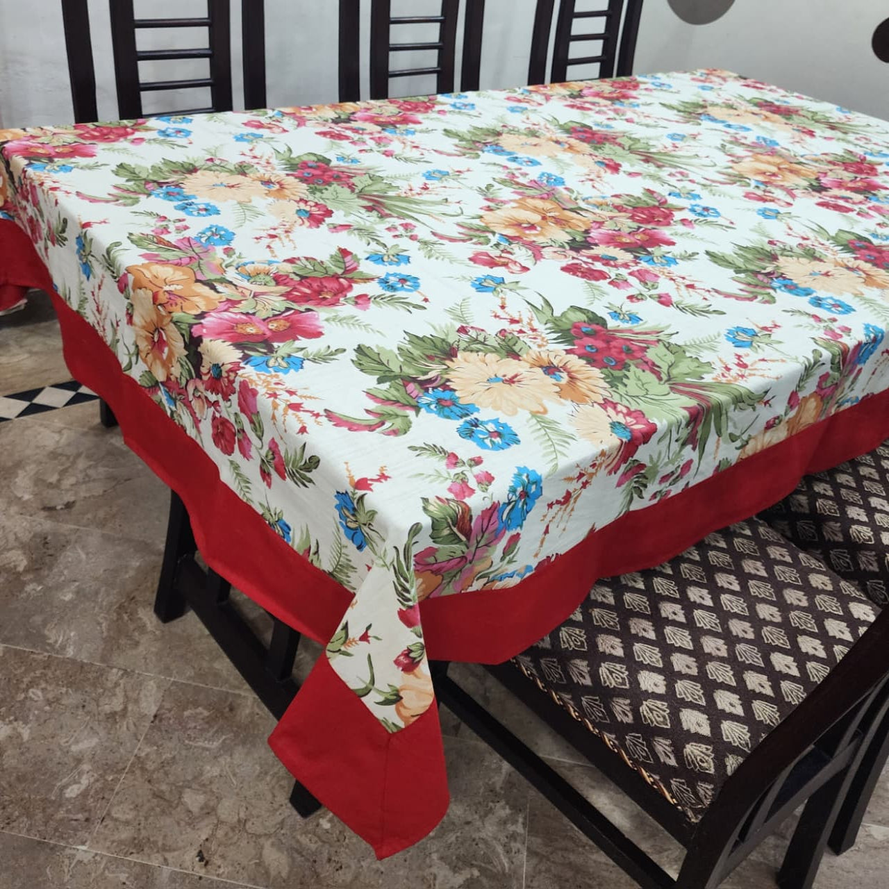 Red Bordered Printed Cotton Reversable Dinning Set - Rosewood Flowral