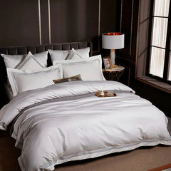 Embroidered Cotton Satin Luxury Baratta Stitch Tetra Line Duvet Set-Dove White - 99 Bedding Store