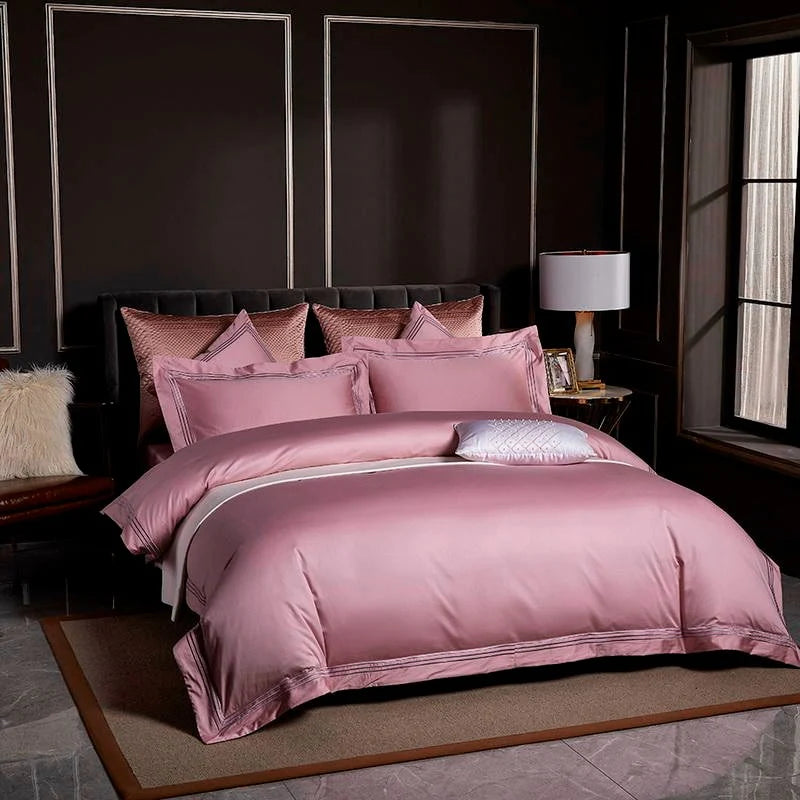 Embroidered Cotton Satin Luxury Baratta Stitch Tetra Line Duvet Set-Pink - 99 Bedding Store