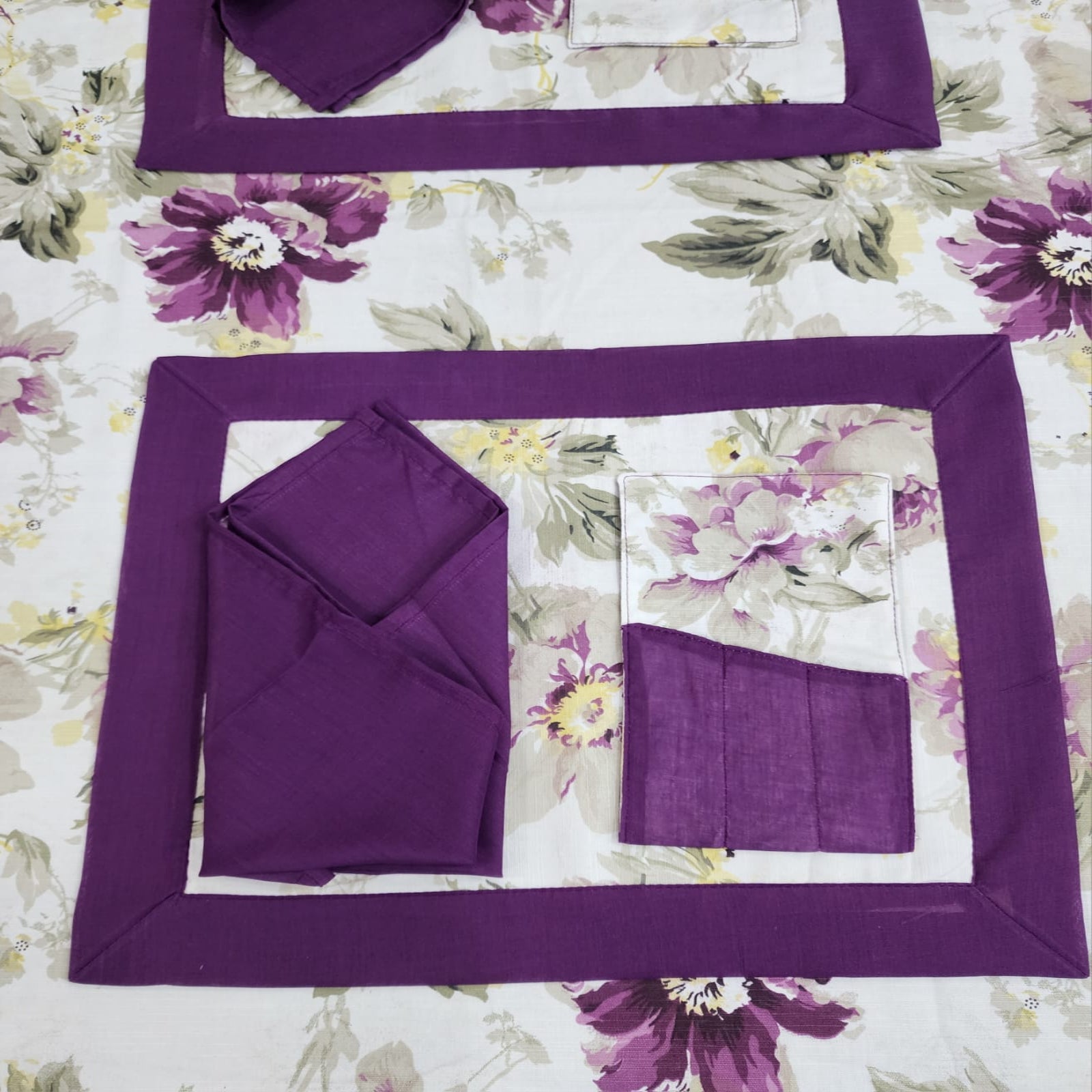 Purple Bordered Printed Cotton Reversable Dinning Set - Brookblad Floeral