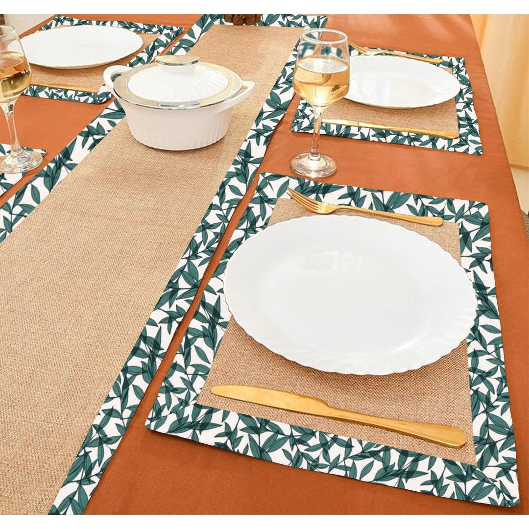 Jute Table Mat Set With border - Green Leaf