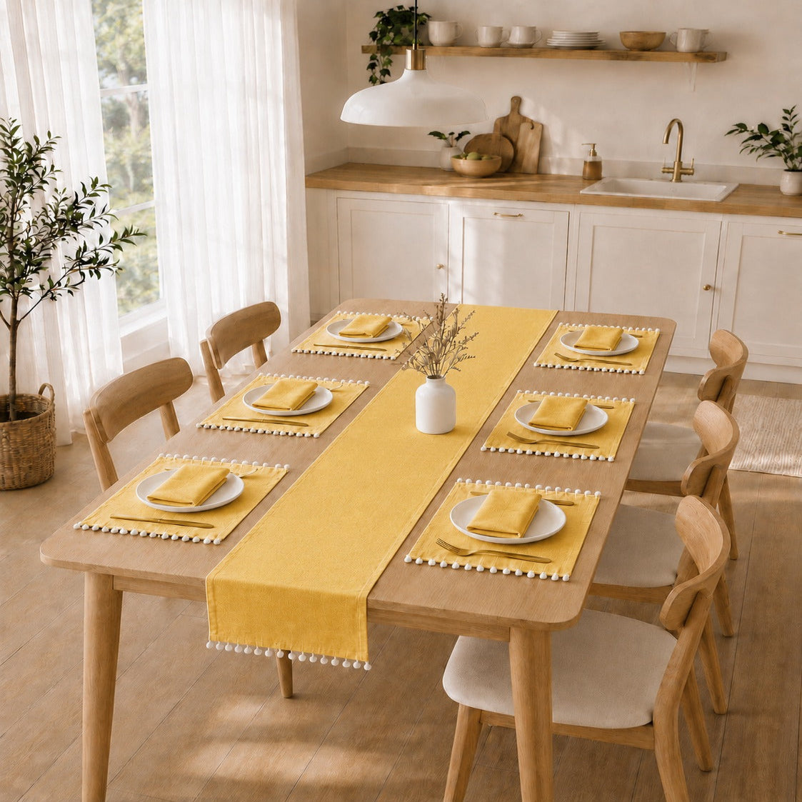 Luxury Cotton Dinning Set With Cute Pom pom - Yellow