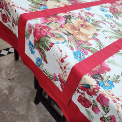 Red Bordered Printed Cotton Reversable Dinning Set - Rosewood Flowral