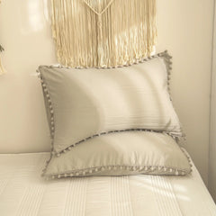 Luxury Cotton Satin Pom Fringe Duvet Cover Set- Khaki - 99 Bedding Store