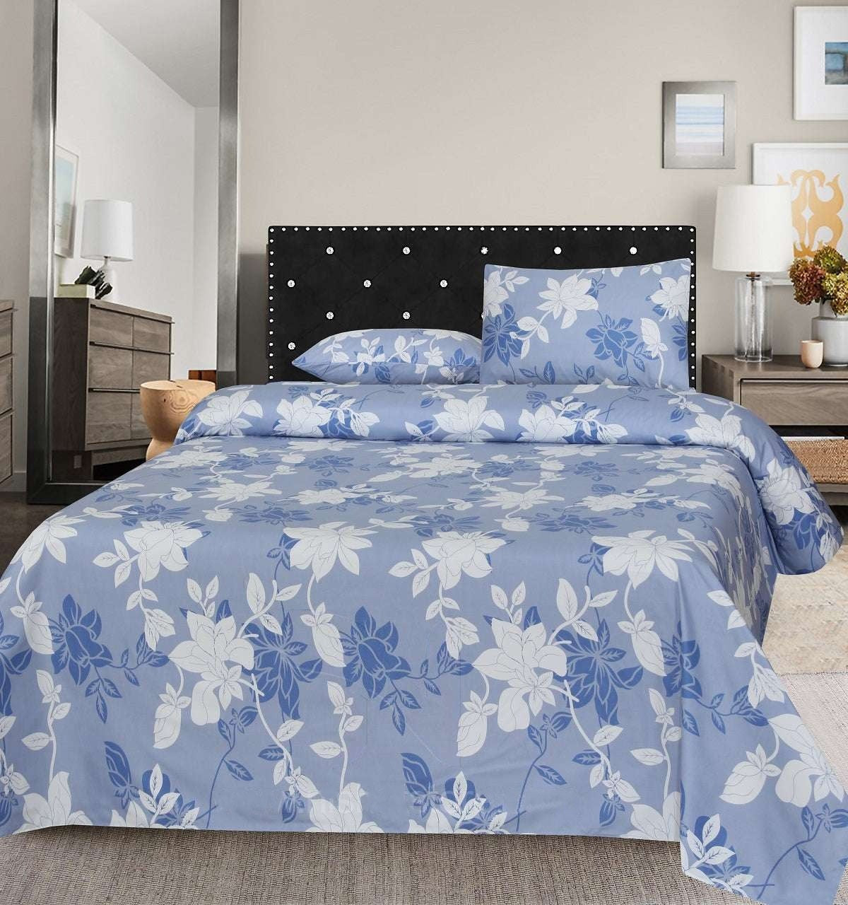 Printed Double Bed sheet Set Rose Garden Blue