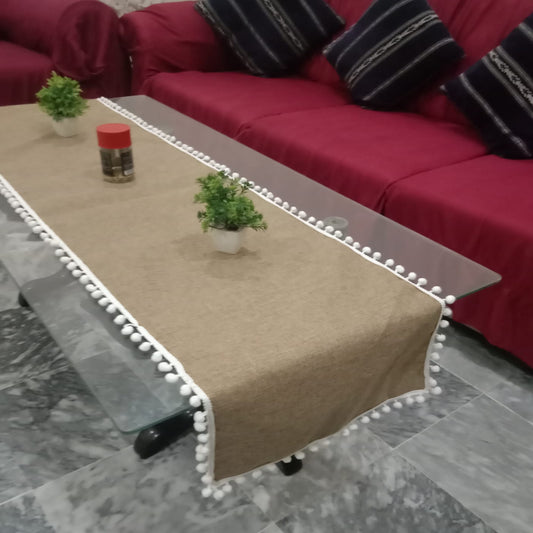 Jute Table Runner brown with pom pom