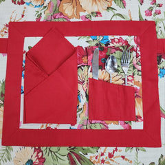 Red Bordered Printed Cotton Reversable Dinning Set - Rosewood Flowral