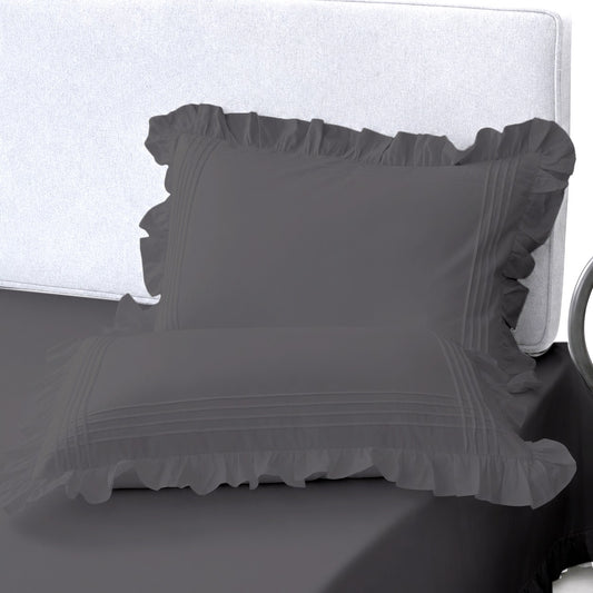 Cotton Fitted Sheet With Frilled Pillow Cover- Grey