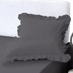 Cotton Fitted Sheet With Frilled Pillow Cover- Grey