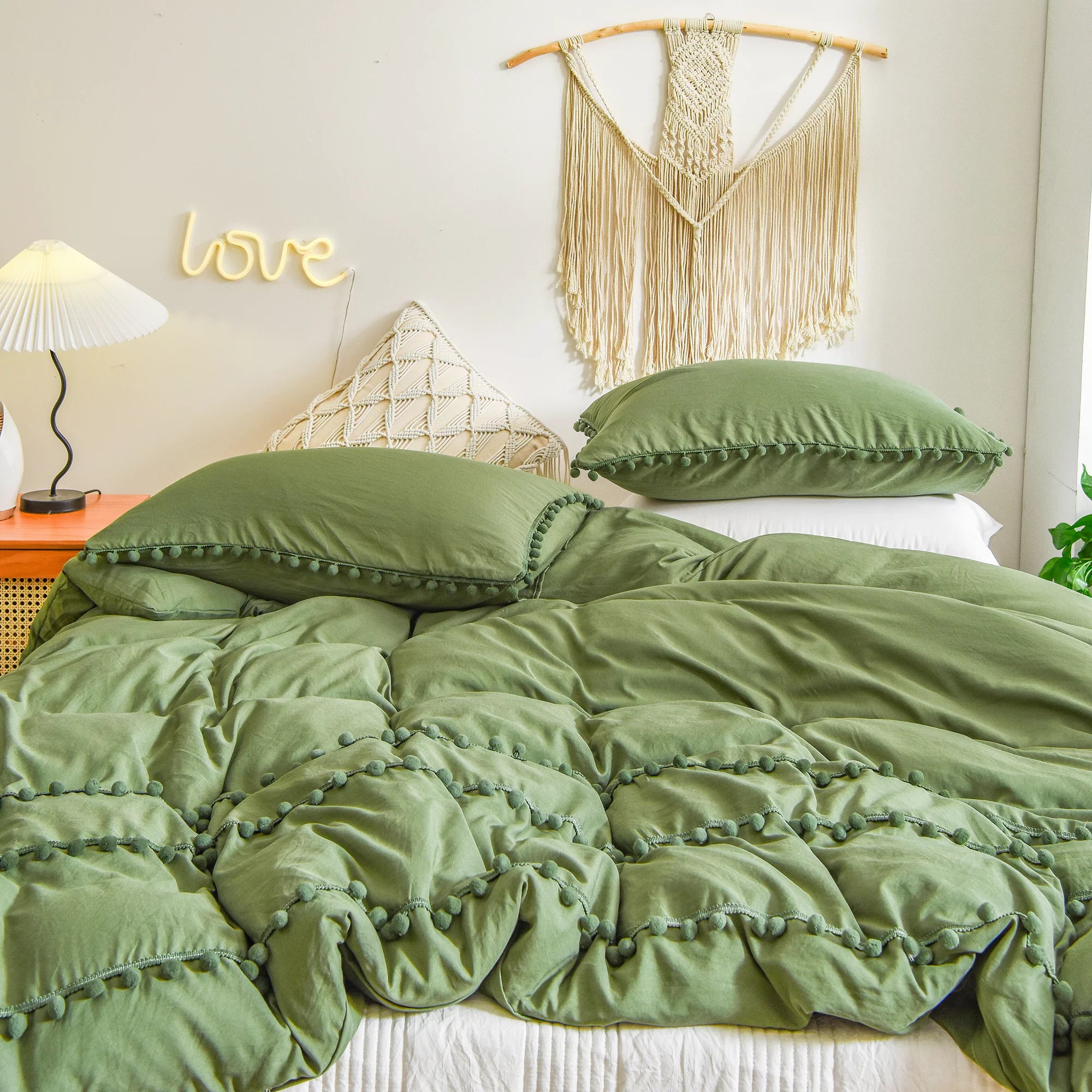 Luxury Cotton Satin Pom Fringe Duvet Cover Set- Olive Green - 99 Bedding Store