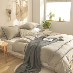 Luxury Cotton Satin Pom Fringe Duvet Cover Set- Khaki - 99 Bedding Store