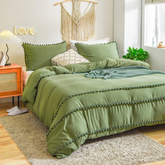 Luxury Cotton Satin Pom Fringe Duvet Cover Set- Olive Green - 99 Bedding Store