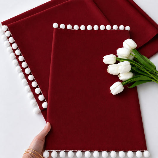 Luxury Cotton Dinning Set With Cute Pom pom -Red