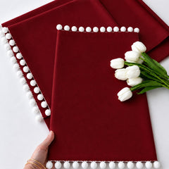Luxury Cotton Dinning Set With Cute Pom pom -Red