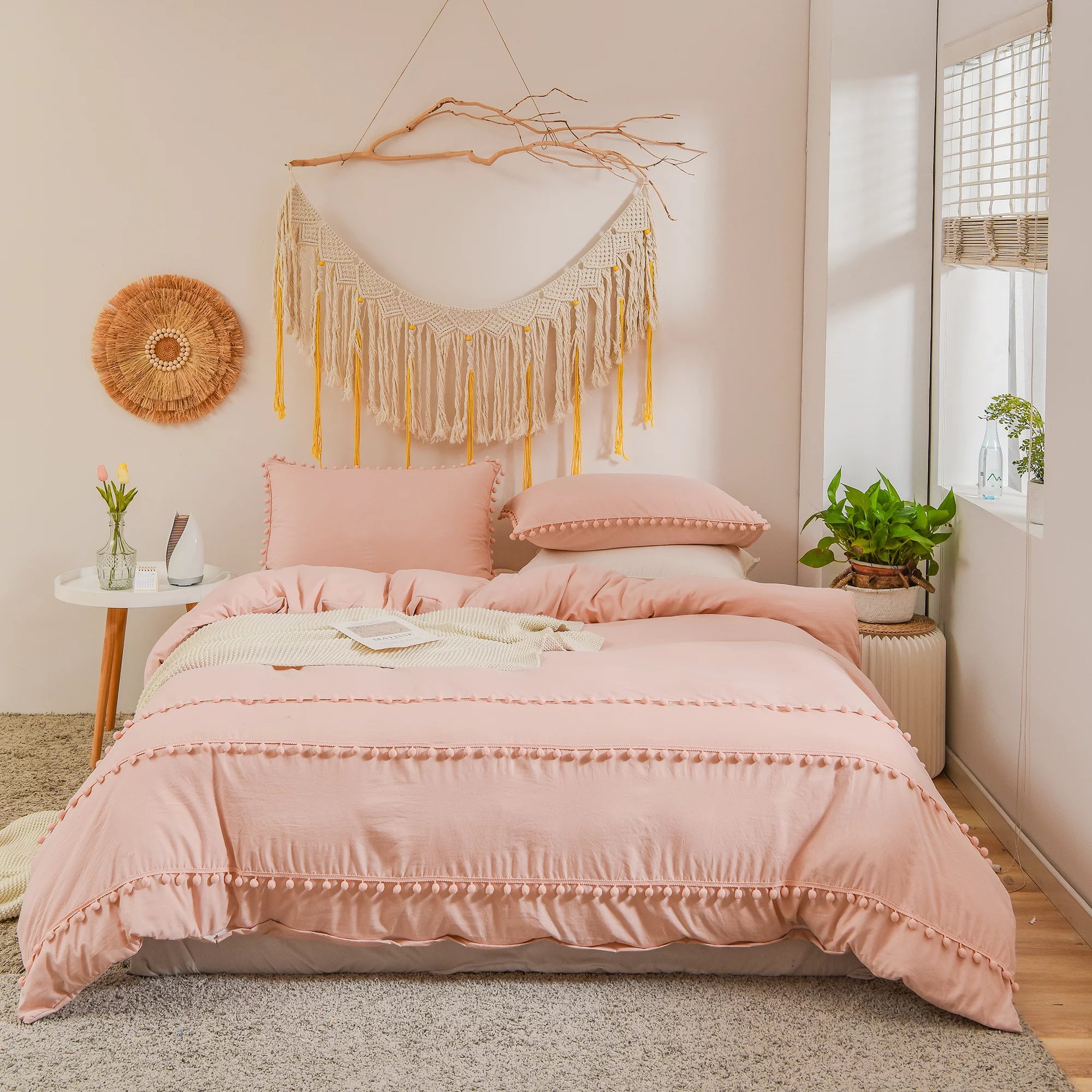 Luxury Cotton Satin Pom Fringe Duvet Cover Set- Dusty Pink - 99 Bedding Store