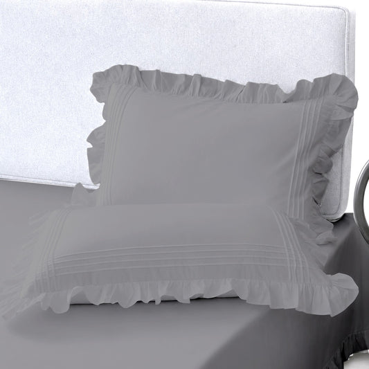 Cotton Fitted Sheet With Frilled Pillow Cover- Silver