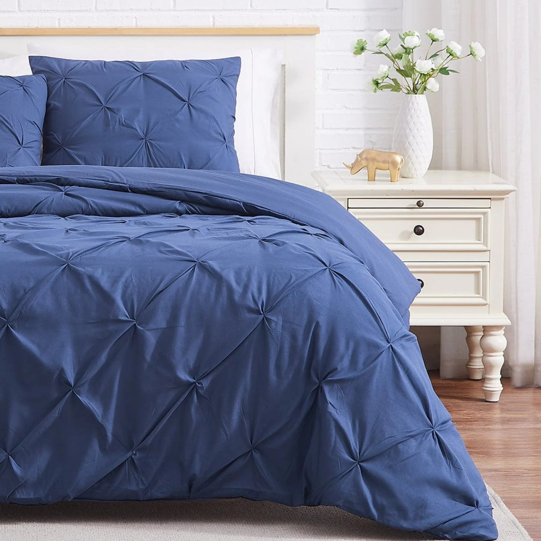 Luxury Cotton Satin Pintuck Duvet Cover Set - Dark Blue - 99 Bedding Store