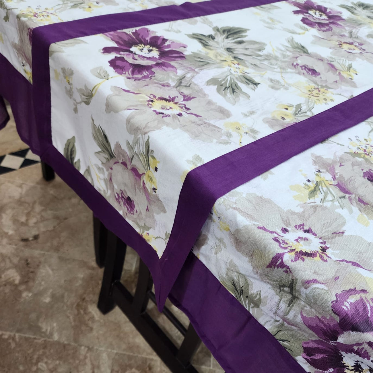 Purple Bordered Printed Cotton Reversable Dinning Set - Brookblad Floeral