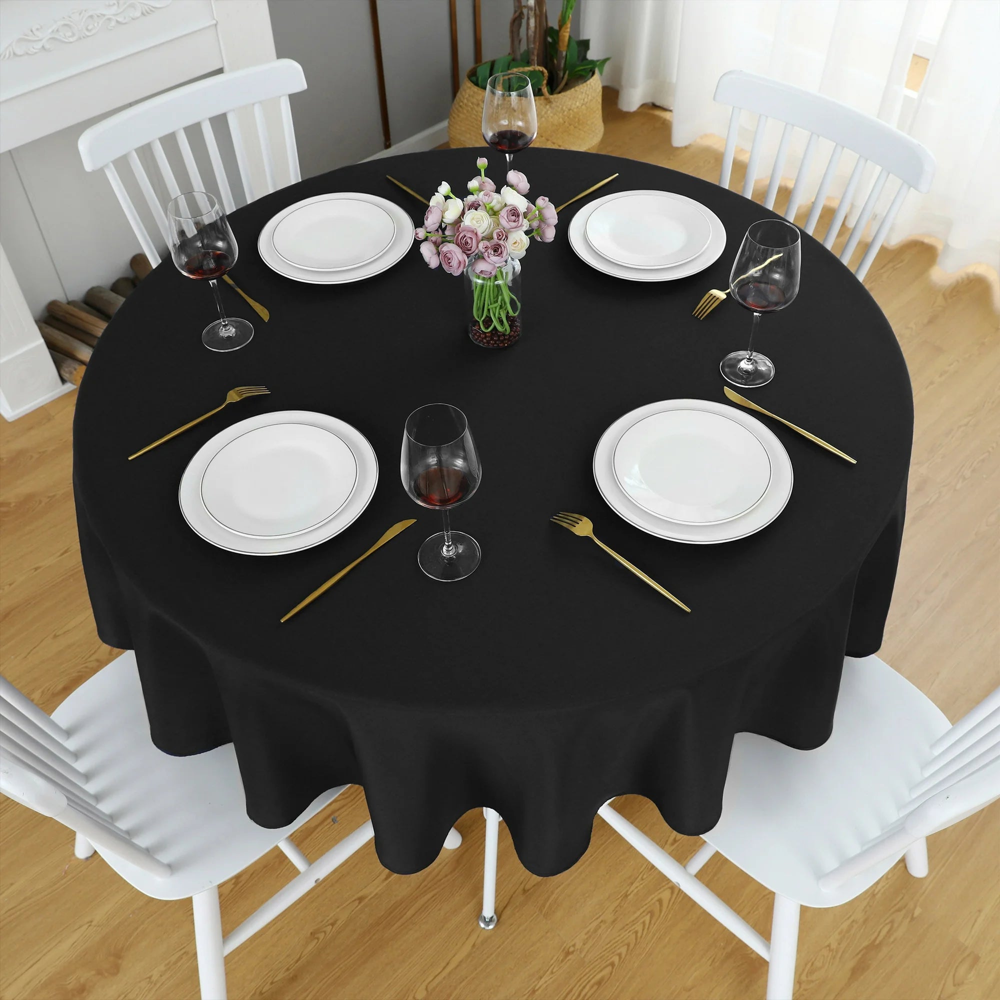 Decorative Cotton Round Tablecloth - Black